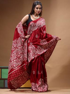 elegant maroon printed silk blend saree with white paisley print 2