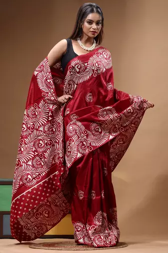 elegant maroon printed silk blend saree with white paisley print