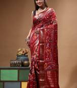 elegant maroon hand-painted silk blend saree with floral batik print & rich golden zari border