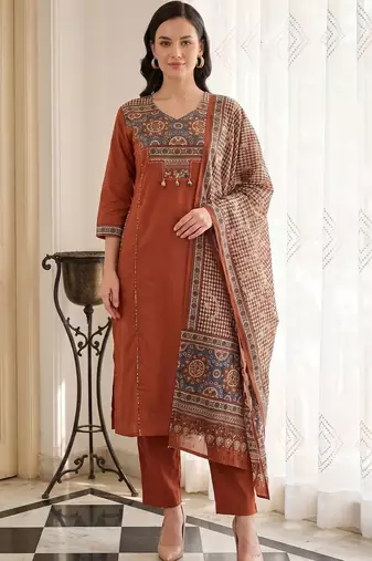 Women Ethnic Motifs Embroidered Regular Thread Work Pure Cotton Kurta with Trousers & With Dupatta
