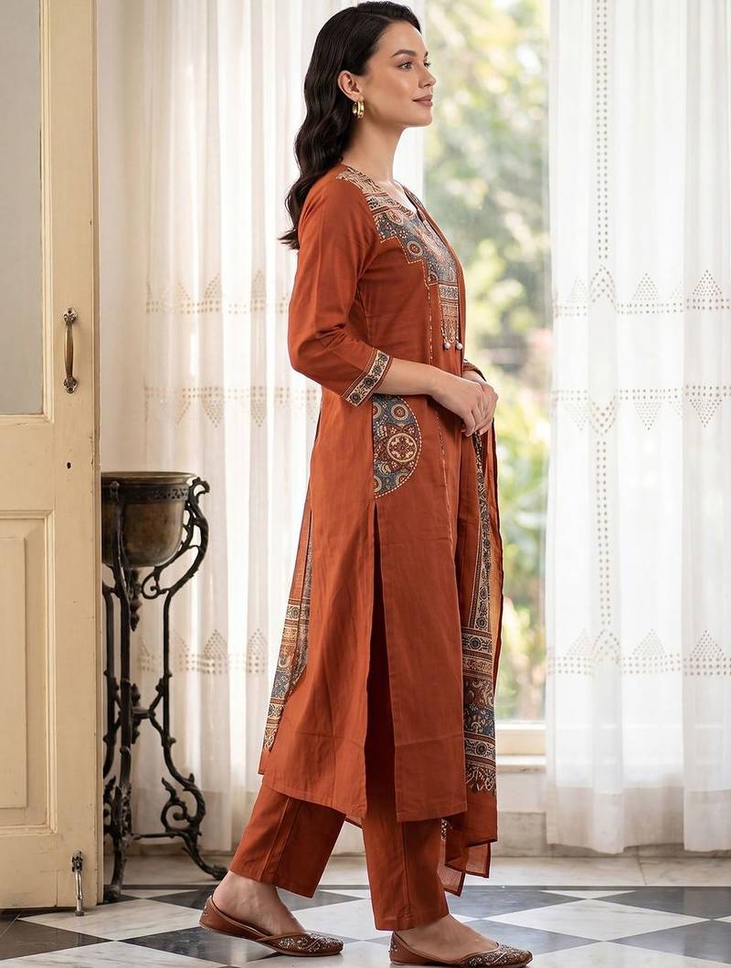 Women Ethnic Motifs Embroidered Regular Thread Work Pure Cotton Kurta with Trousers & With Dupatta