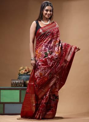 elegant maroon hand-painted silk blend saree with floral batik print & rich golden zari border 2