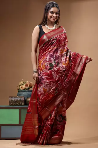 elegant maroon hand-painted silk blend saree with floral batik print & rich golden zari border