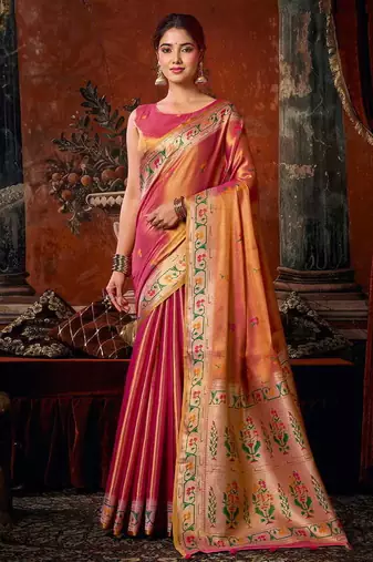 Pink tissue silk blend saree with floral zari border
