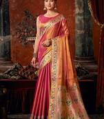 Pink tissue silk blend saree with floral zari border