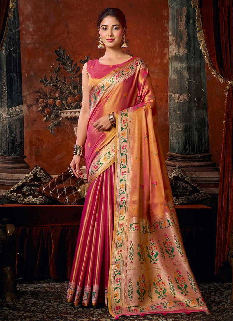 Pink tissue silk blend saree with floral zari border