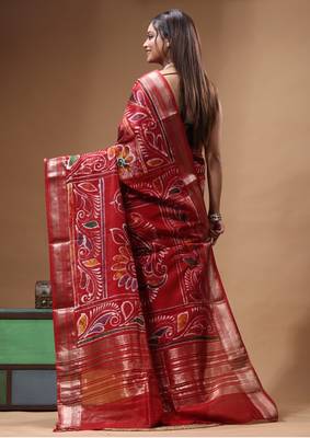 elegant maroon hand-painted silk blend saree with floral batik print & rich golden zari border 3