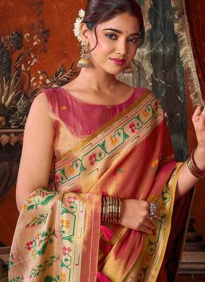 Pink tissue silk blend saree with floral zari border 2