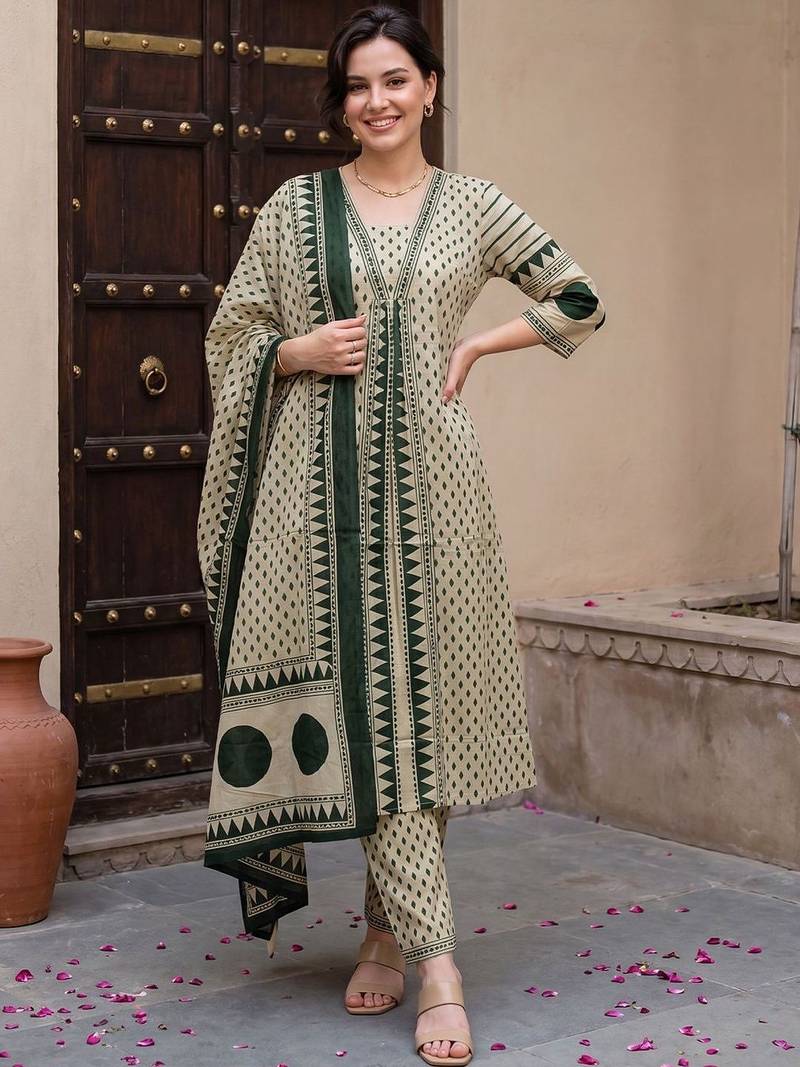 Women Printed Regular Pure Cotton Kurta with Trousers & With Dupatta