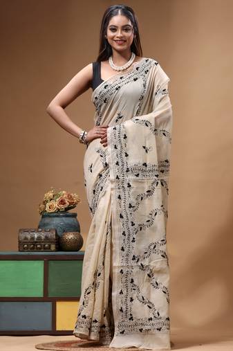 off-white cotton blend saree with black floral embroidered stitched saree