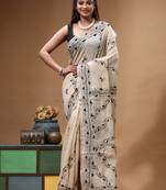 off-white cotton blend saree with black floral embroidered stitched saree
