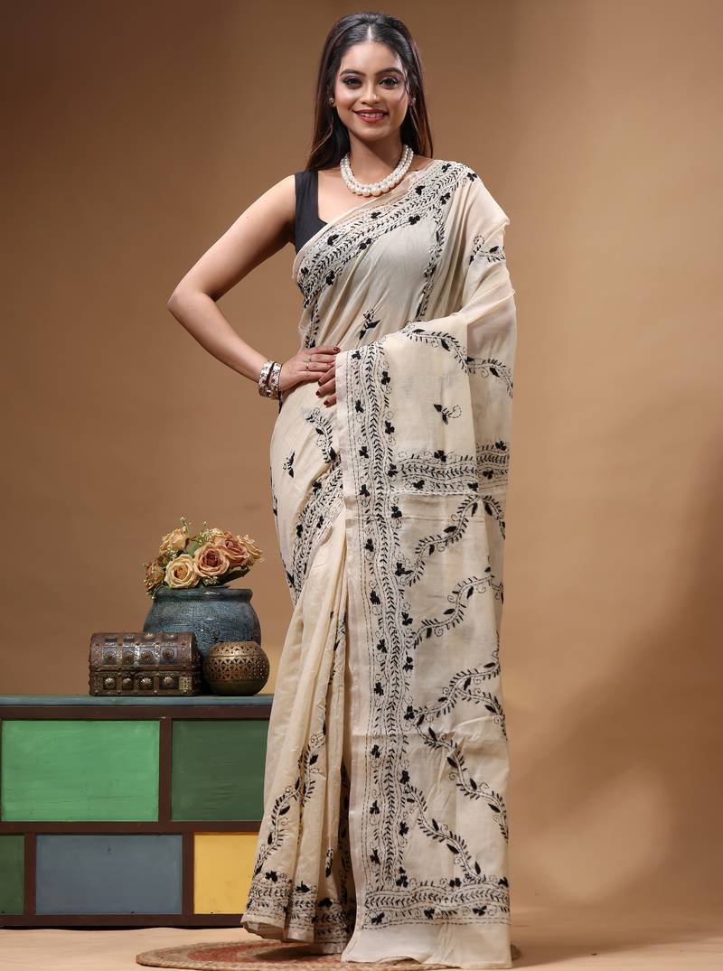 off-white cotton blend saree with black floral embroidered stitched saree