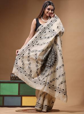 off-white cotton blend saree with black floral embroidered stitched saree 2