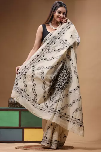 off-white cotton blend saree with black floral embroidered stitched saree