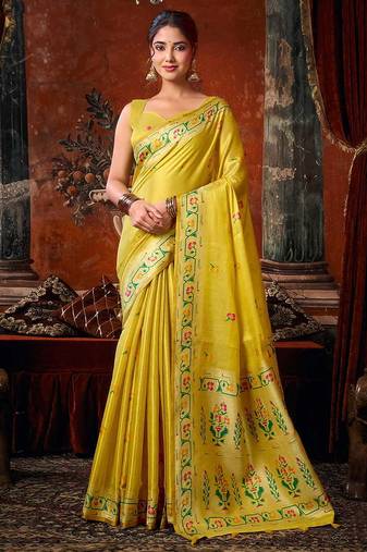 Mustard yellow tissue silk blend saree with floral zari border