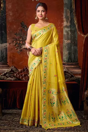 Mustard yellow tissue silk blend saree with floral zari border