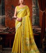 Mustard yellow tissue silk blend saree with floral zari border
