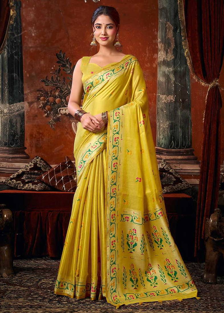 Mustard yellow tissue silk blend saree with floral zari border