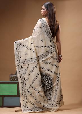off-white cotton blend saree with black floral embroidered stitched saree 3