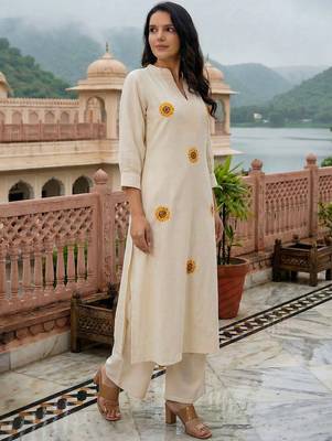 Women Floral Embroidered Regular Thread Work Pure Cotton Kurta with Palazzos 1