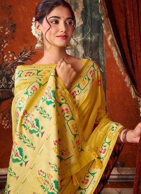 Mustard yellow tissue silk blend saree with floral zari border 2