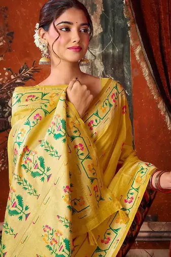 Mustard yellow tissue silk blend saree with floral zari border