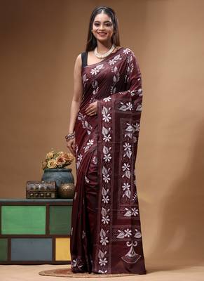 coffee brown silk blend stitch saree with offwhite hand-embroidered floral pallu 1