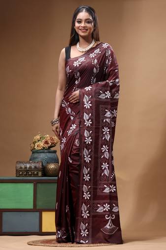 coffee brown silk blend stitch saree with offwhite hand-embroidered floral pallu