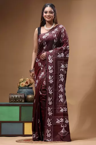 coffee brown silk blend stitch saree with offwhite hand-embroidered floral pallu