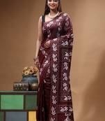 coffee brown silk blend stitch saree with offwhite hand-embroidered floral pallu
