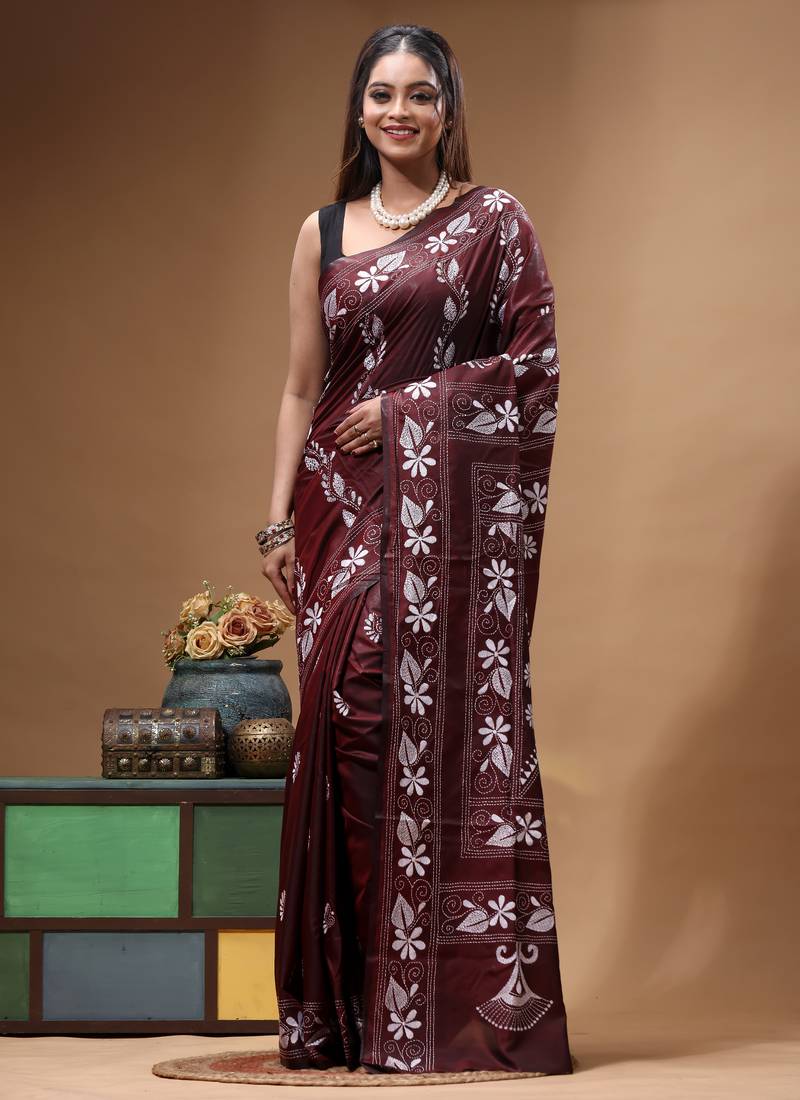 coffee brown silk blend stitch saree with offwhite hand-embroidered floral pallu