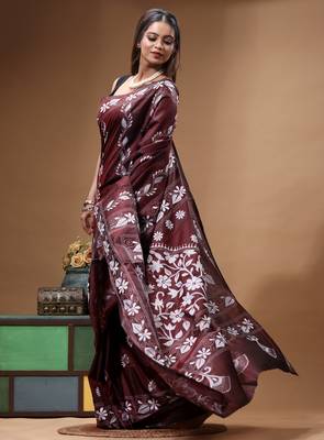 coffee brown silk blend stitch saree with offwhite hand-embroidered floral pallu 2