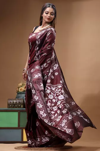 coffee brown silk blend stitch saree with offwhite hand-embroidered floral pallu