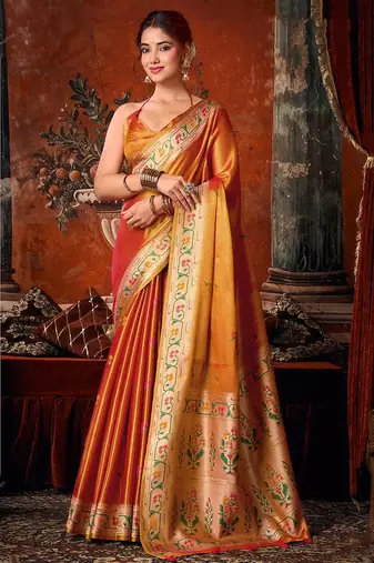 Orange tissue silk blend saree with floral zari border