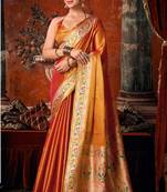 Orange tissue silk blend saree with floral zari border
