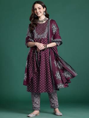 Ethnic Motifs Printed Mirror Work Pure Cotton Kurta with Trousers & With Dupatta 1