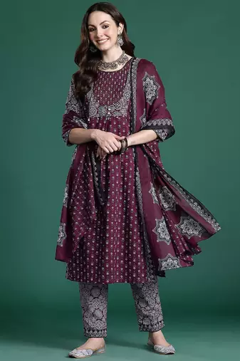 Ethnic Motifs Printed Mirror Work Pure Cotton Kurta with Trousers & With Dupatta