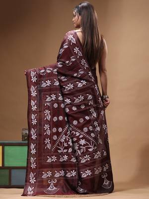 coffee brown silk blend stitch saree with offwhite hand-embroidered floral pallu 3