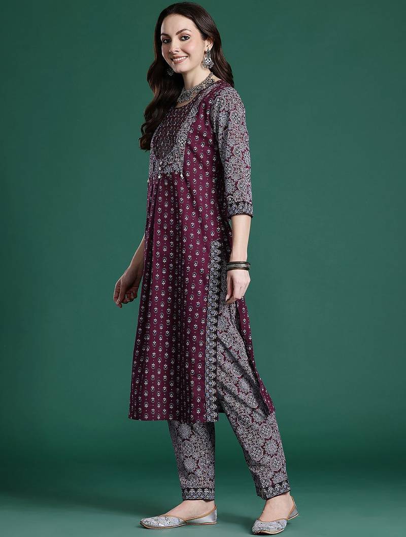 Ethnic Motifs Printed Mirror Work Pure Cotton Kurta with Trousers & With Dupatta