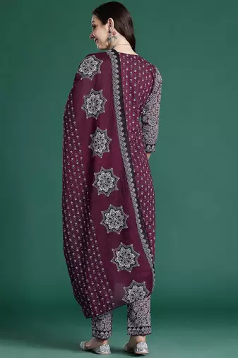 Ethnic Motifs Printed Mirror Work Pure Cotton Kurta with Trousers & With Dupatta