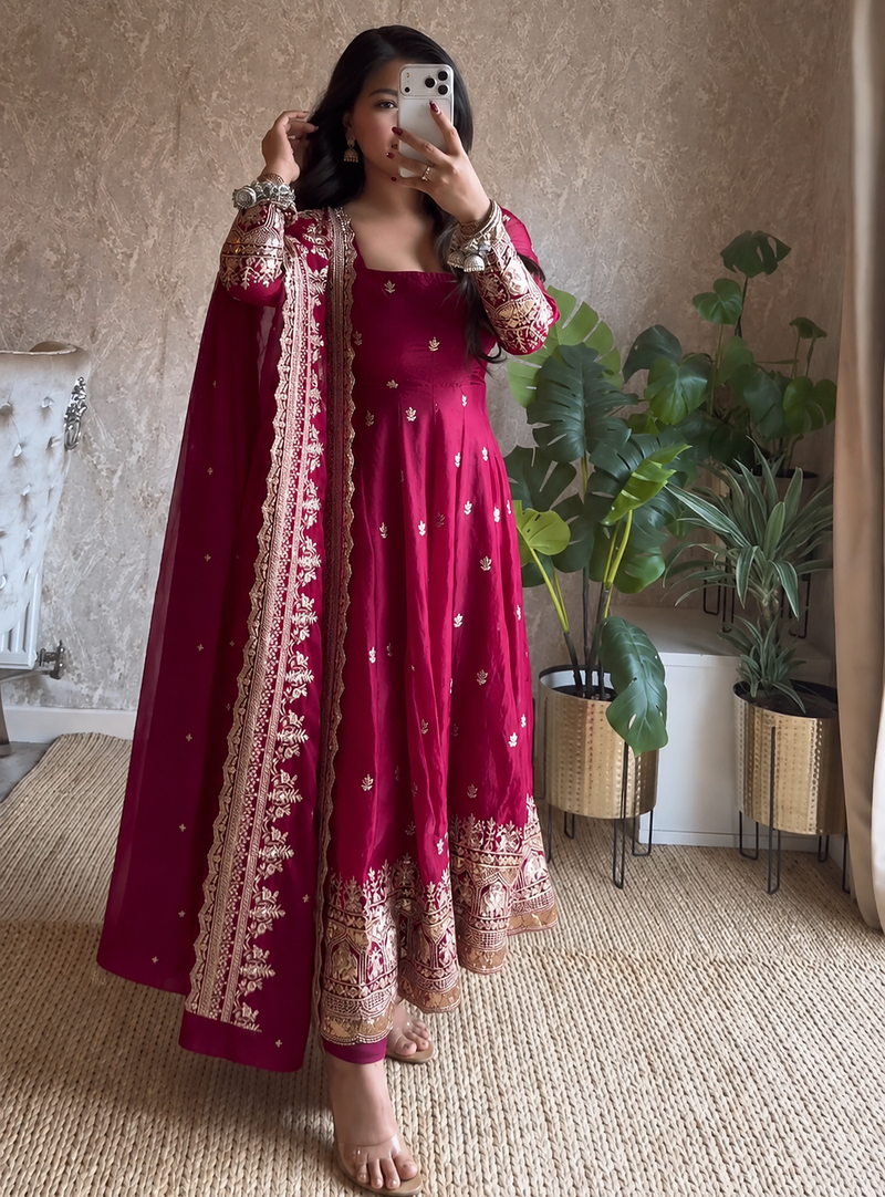 rani pink color sequin embroidery silk blend gown set