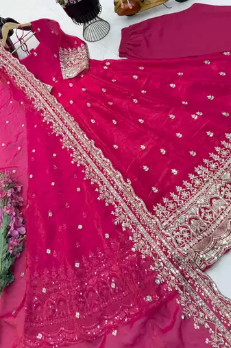 rani pink color sequin embroidery silk blend gown set