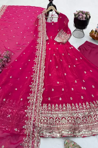 rani pink color sequin embroidery silk blend gown set