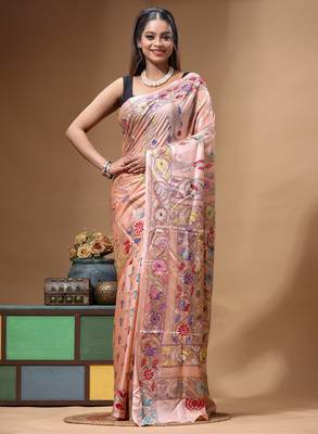 dusty coral silk blend stitch saree with multicolor hand-embroidered floral pallu 1