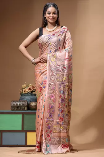dusty coral silk blend stitch saree with multicolor hand-embroidered floral pallu