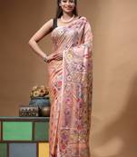 dusty coral silk blend stitch saree with multicolor hand-embroidered floral pallu