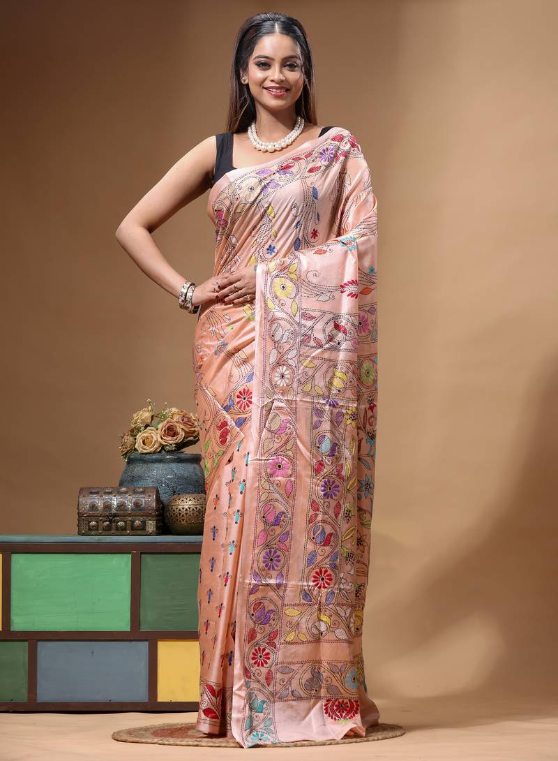 dusty coral silk blend stitch saree with multicolor hand-embroidered floral pallu