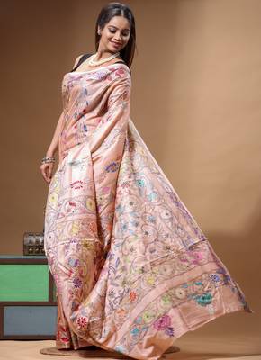 dusty coral silk blend stitch saree with multicolor hand-embroidered floral pallu 2