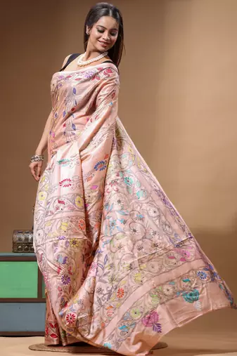 dusty coral silk blend stitch saree with multicolor hand-embroidered floral pallu