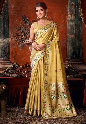 Beige tissue silk blend saree with floral zari border 1